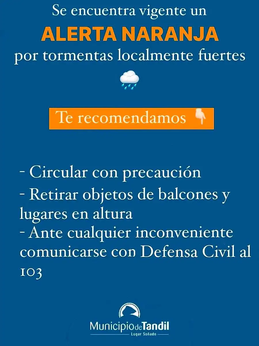 Alerta naranja por tormentas para Tandil y la zona