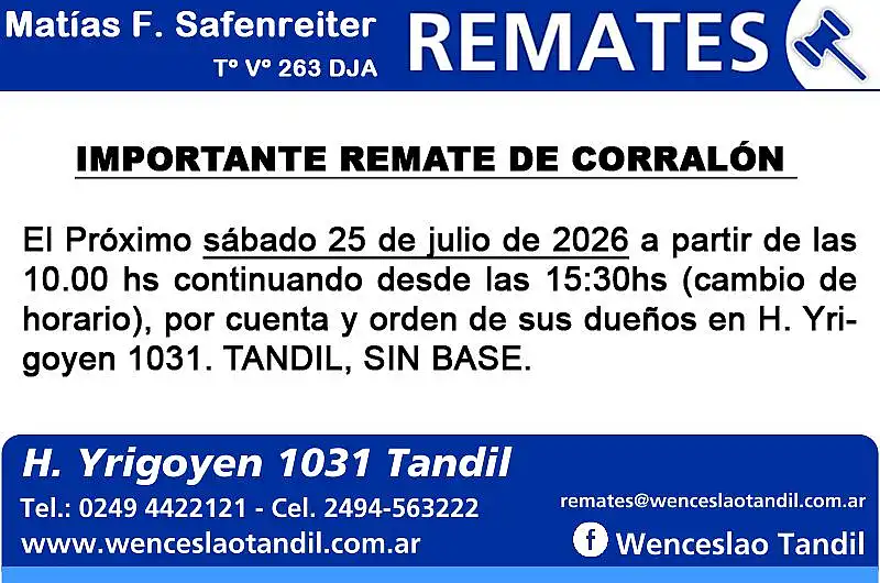 dos Importante remate de corralón sábado 25 de julio de 2026