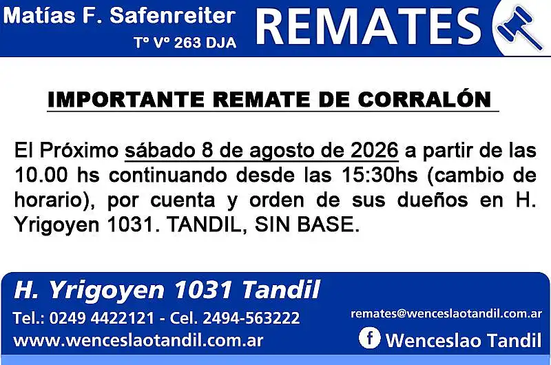 Importante remate de corralón sábado 8 de agosto de 2026