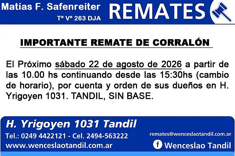 Importante remate de corralón sábado 22 de agosto de 2026
