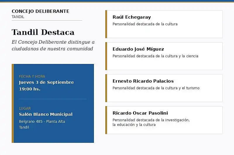 El Concejo Deliberante distinguirá a cuatro referentes locales el próximo jueves