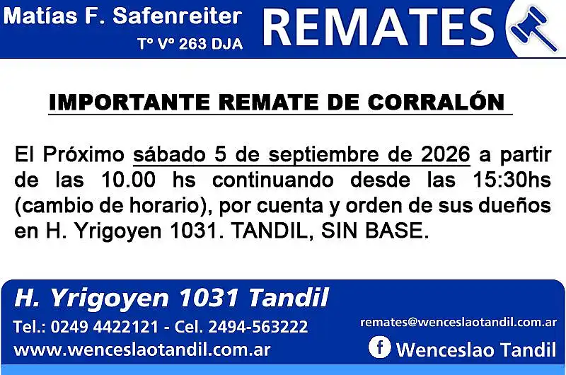 Importante remate de corralón sábado 5 de septiembre de 2026