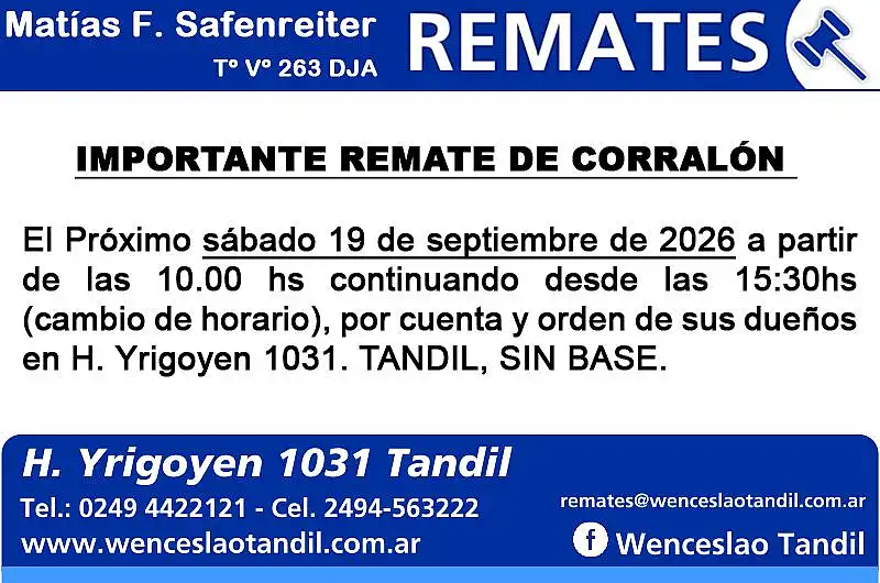 Importante remate de corralón sábado 19 de septiembre de 2026