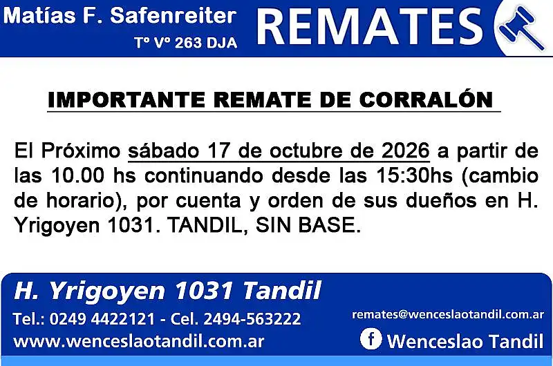 Importante remate de corralón sábado 17 de octubre de 2026
